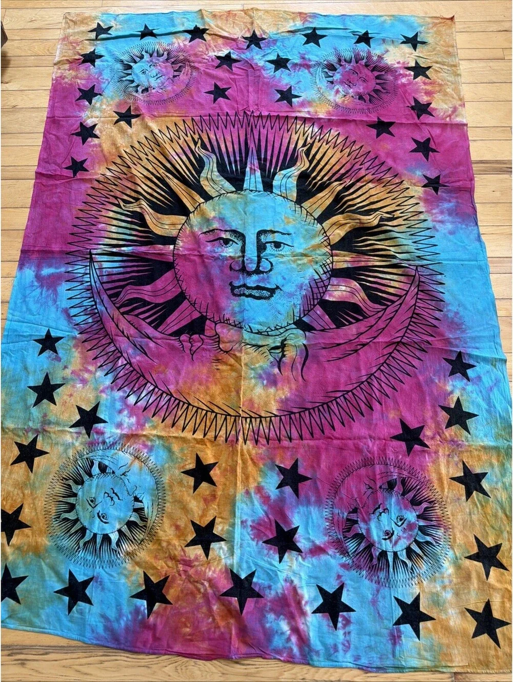 Celestial Tie Dye Tapestry Sun Moon Stars Wall Decor Tablecloth Witchy 55x76”